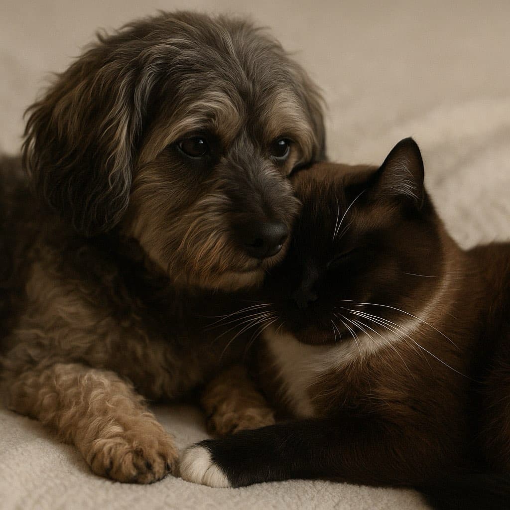 Hund und Katze zusammen - FellAkte unterstuetzt Tierschutz mit 10% Spende je Lifetime-Kauf